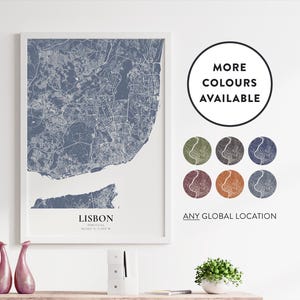 Stadsplattegrond van Lissabon afdrukken | Aangepaste locatieoptie | Kleuropties | Kaartposter met kunst aan de muur | Portugal | Europese stad | Cadeau-idee voor woondecoratie | 70