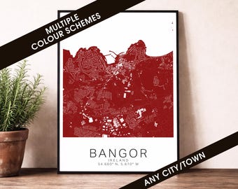 Bangor Map Print - Ireland City Poster, Minimalist Street Map Wall Art