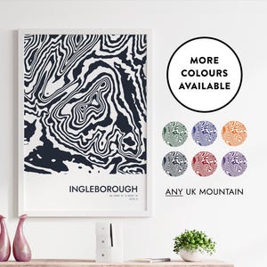 Ingleborough contourprint | Kies je kleuren | Aangepaste bergverzoeken welkom | Cadeau-idee voor woondecoratie | Kaartposter | Verenigd Koninkrijk | 57