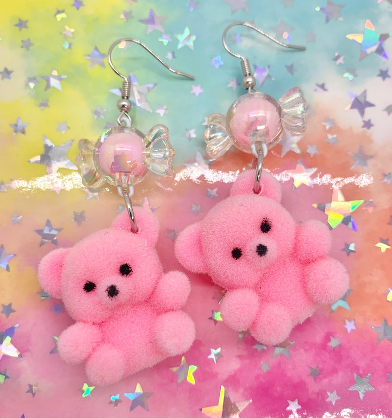 Kawaii Pastel Pink Teddy Bear Earrings image 1