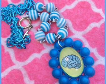 Vibrant Blue Zombie Brain Beaded Cameo Necklace