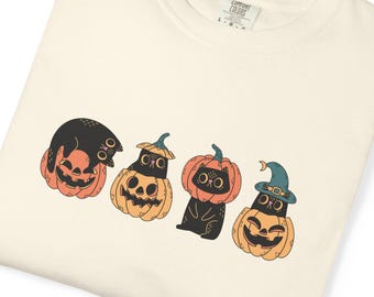 Halloween T-Shirt, Cute Black Cats & Pumpkins, Spooky Cute Fall Tee, Cat Pumpkin Shirt, Autumn Halloween Top, Comfort Colors Vintage Style