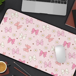 Cute Pink Bow Desk Mat, Large Mouse Pad for Office or Gaming, Kawaii Desk Accessories, Gift for Girl Boss, Corecore Aesthetic for Office