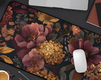 Moody Floral Desk Mat | Dark Romantic Large Mouse Pad | Vintage Botanical Desk Pad | Burgundy and Gold Fall Aesthetic Computer Mat