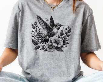 Vintage Hummingbird and Flowers Unisex Softstyle T-Shirt, Spring Summer Gardening Shirt, Hummingbird Lover Gift, Gift for Mom, Floral Bird