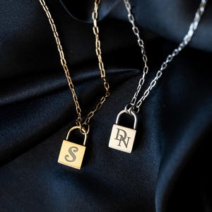 Tiny Padlock Style Necklace, Personalized Initial Necklace, Mini Lock Charm, Stainless Steel or Gold PVD finish, 17.25in Chain, 2in Extender
