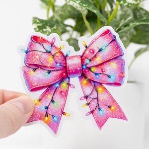 3&quot; Quality Sticker Decal, vinyl die-cut, glossy, Pink Bow with Christmas Lights, Coquette Holiday Sticker, phone, kindle, laptop, tablet