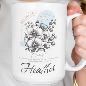 Personalized Zodiac Flower Mug, Custom 15oz Astrology Coffee Cup with Name, Constellation Birthday Gift for Her, All Signs Available