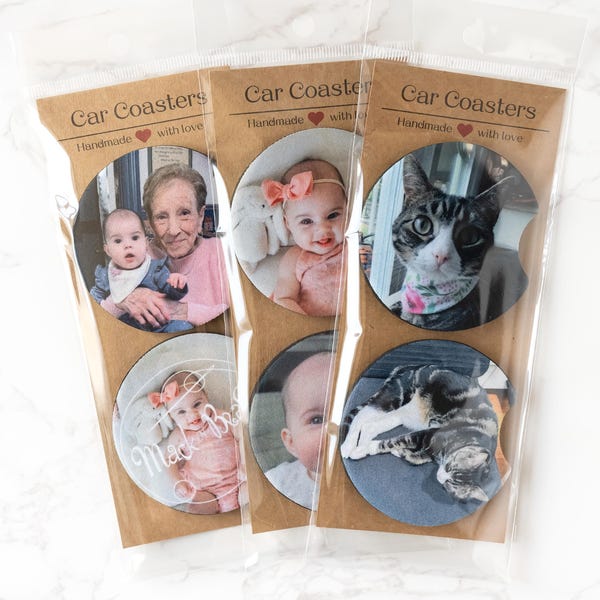Custom Photo Car Coasters, Personalized Car Cup Holder Coasters, Pet Photo Coasters, Family Picture Gift, Logo Car Accessory, Set of 2