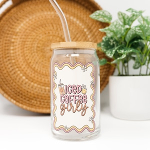16oz Clear Glass Tumbler Cup with Lid, Iced Coffee Girly, Glassware, Iced Coffee, Drinking Glass, Cute Jar Cup, Bamboo Lid & Glass Straw