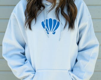 Sudadera con capucha de concha de verano, sudadera con bordado playero, suéter con temática oceánica, jersey costero, sudadera con capucha para vacaciones, ropa de abrigo náutica