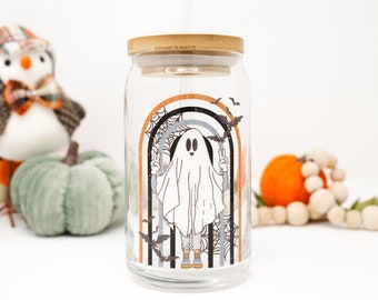 Retro Ghost Glass Tumbler Cup: 16oz Iced Coffee Cup with Lid & Straw