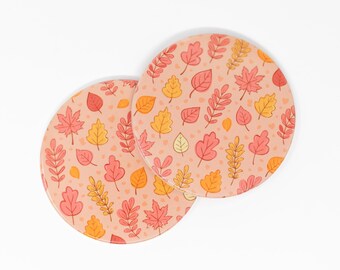 Fall Leaves Ceramic Coasters: Soft Pink Autumn Decor, Set of 2