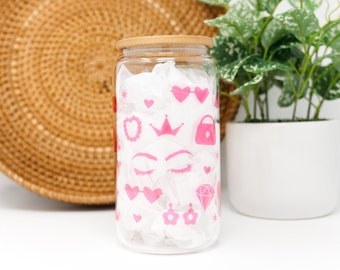 16oz Clear Glass Tumbler Cup with Lid, Girly Princess Inspired, Glassware, Iced Coffee, Drinking Glass, Cute Jar Cup, Bamboo Lid & Straw