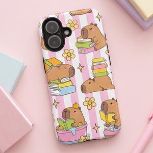 Bookish Capybara Phone Case, Cute Reader Gift, Pink Book Lover Case, Tough Case Phone Cover