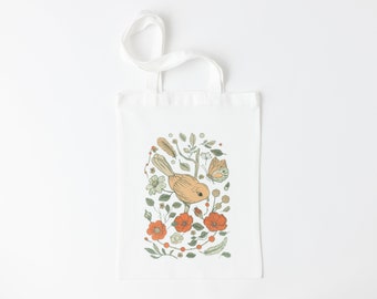 Small TOTE BAG, Pretty Flowers and Bird, Market Bag, Grocery, Cute Tote Bag, Reusable tote bag, book bag, Shopping bag, gift for her