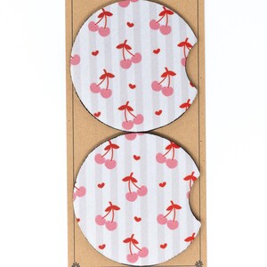 Car Coaster, Neoprene, Cute Cherries, Hearts and Stripes, Set of 2 Car Coasters, Cute Car Accessory, Cup Holder Coaster, Ready to Ship Gift
