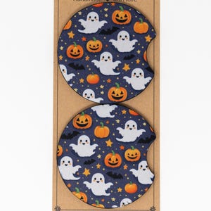 Car Coaster, Neoprene, Cute Halloween Ghosts, Jack-O-Lanterns, Bats, Stars, Set of 2 Car Coasters, Car Accessory, Cup Holder Coaster