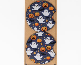 Car Coaster, Neoprene, Cute Halloween Ghosts, Jack-O-Lanterns, Bats, Stars, Set of 2 Car Coasters, Car Accessory, Cup Holder Coaster