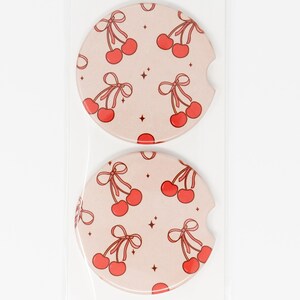 Car Coaster, Ceramic, Cute Coquette Cherries, Set of 2 Car Coasters, Cute Car Accessory, Cup Holder Coaster, Ready to Ship Gift