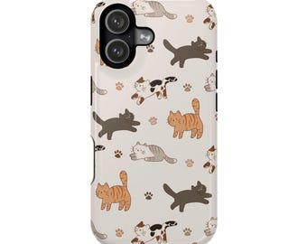 Cute Cat Pattern Case for iPhone, Playful Kitty Phone Cover with Paw Prints and Cats, Magnetic Impact-Resistant Case, MagSafe Compatible