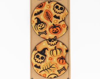 Halloween Car Coasters: Puffy Pumpkin, Skull Neoprene Coasters (Set of 2)