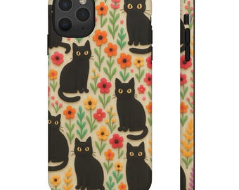 Funda para teléfono con diseño floral de gato negro, bonita funda con bordado de gato para iPhone y Samsung, estética cottagecore, regalo de Halloween