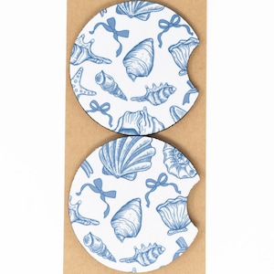 Car Coaster, Neoprene, Blue Coquette Sea Shells & Bows, Set of 2 Car Coasters, Cute Car Accessory, Cup Holder Coaster, Summer Car Coaster
