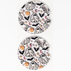 Car Coaster, Ceramic, Cute Puffy Halloween with Ghosts, Bats & Skulls, Set of 2 Car Coasters, Cute Car Accessory, Cup Holder Coaster, RTS