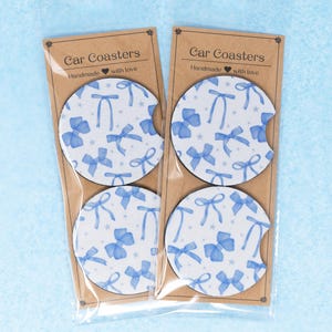 Car Coaster, Neoprene, Blue Coquette Bows and Stars, Set of 2 Car Coasters, Cute Car Accessory, Cup Holder Coaster, Ready to Ship Gift