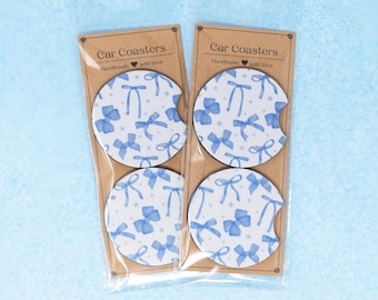 Car Coaster, Neoprene, Blue Coquette Bows and Stars, Set of 2 Car Coasters, Cute Car Accessory, Cup Holder Coaster, Ready to Ship Gift