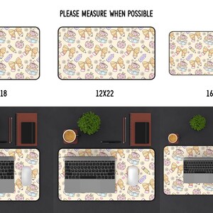 May include: Desk mats with a repeating pattern of bows, pencils, and teacups on a cream background. The mats are available in 12x18, 12x22, and 16x32 inch sizes. The text "PLEASE MEASURE WHEN POSSIBLE" is at the top.