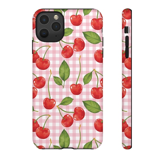 Pink Gingham Phone Case: Watercolor Cherries, Cutecore, Tough Case Pink Gingham Phone Case: Watercolor Cherries, Cutecore, Tough Case