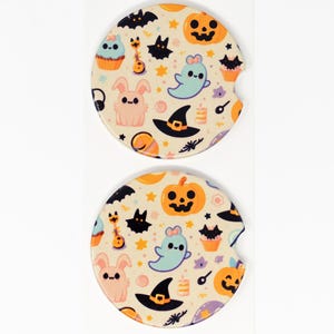 Car Coaster, Ceramic, Cute Halloween with Ghost, Pumpkin, Set of 2 Car Coasters, Cute Car Accessory, Cup Holder Coaster, Ready to Ship Gift