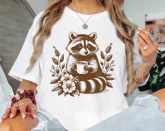 Vintage Raccoon Coffee T-Shirt, Retro Animal Lover, Nature Graphic Shirt, Cute Floral Top, Woodland Critter, Raccoon Vibes, Raccoon Shirt