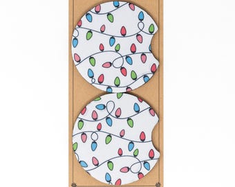 Car Coaster, Neoprene, Holiday Pastel Christmas Light Strings, Set of 2 Car Coasters, Cute Car Accessory, Cup Holder Coasters, Ready to Ship