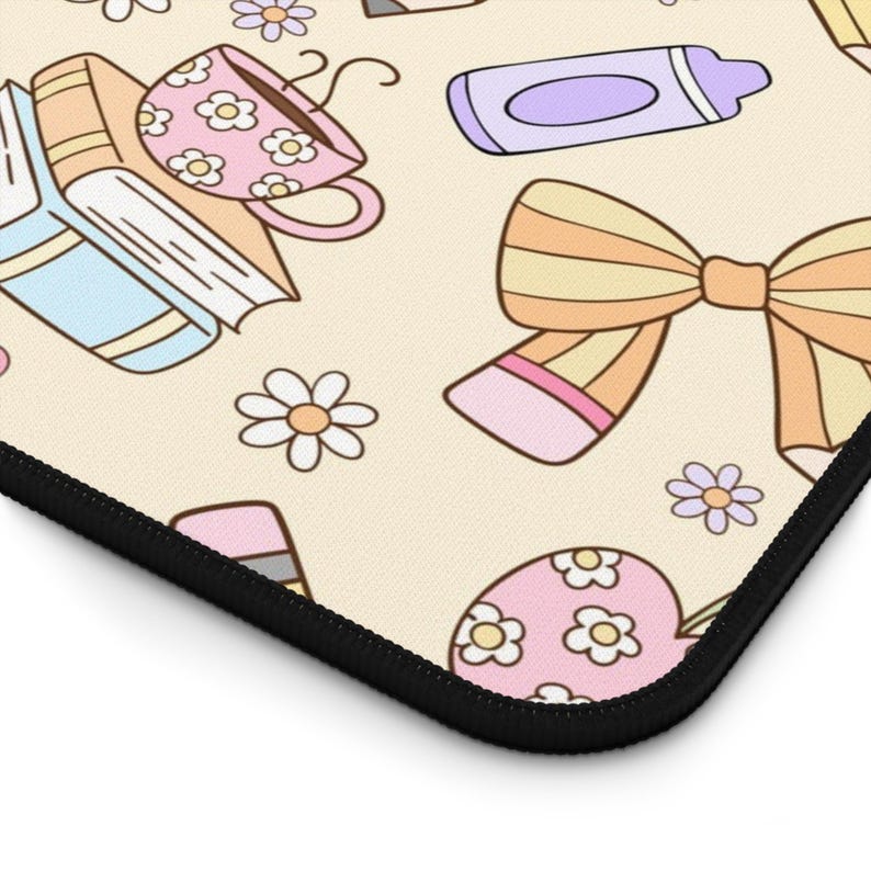 Teacher Desk Mat, Cute Pastel Teacher Office Decor, Large Mouse Pad with Books, Apples & Bows, Teacher Appreciation Gift, Classroom Desk Mat image 2
