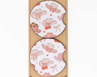 Car Coaster, Neoprene, Cute Coquette Cowgirl Western Hats, Set of 2 Car Coasters, Cute Car Accessory, Cup Holder Coaster, Ready to Ship Gift