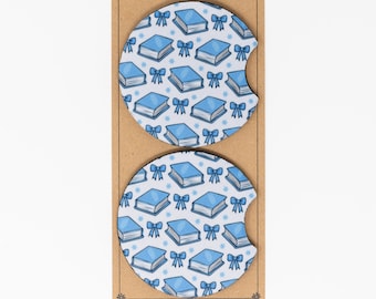 Car Coaster, Neoprene, Cute Blue Books and Bows, Set of 2 Car Coasters, Cute Car Accessory, Cup Holder Coaster, Book Lover Gift
