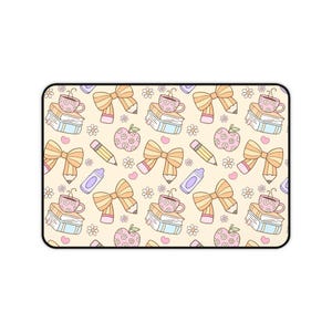 Teacher Desk Mat, Cute Pastel Teacher Office Decor, Large Mouse Pad with Books, Apples & Bows, Teacher Appreciation Gift, Classroom Desk Mat image 4