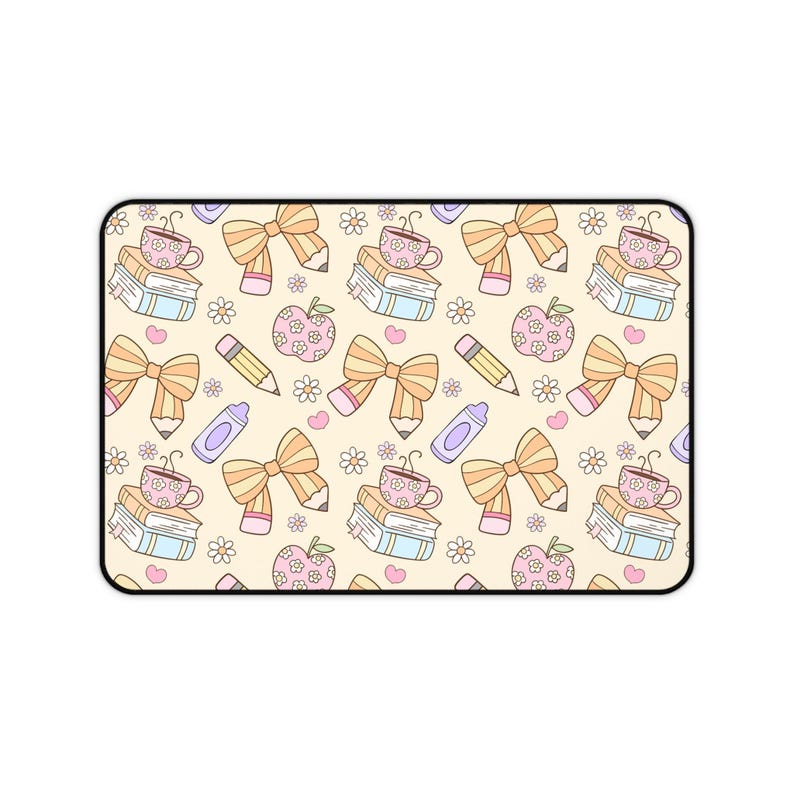 Teacher Desk Mat, Cute Pastel Teacher Office Decor, Large Mouse Pad with Books, Apples & Bows, Teacher Appreciation Gift, Classroom Desk Mat image 4