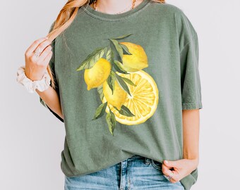 Lemon Watercolor T-Shirt, Summer Tee, Comfort Colors Cotton Top, Citrus Graphic Shirt, Fruit Print Clothing, Summer Fruit Graphic Shirt
