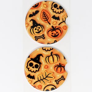 Car Coaster, Ceramic, Puffy Halloween with Pumpkins, Leaves, Bats & Skulls, Set of 2 Car Coasters, Cute Car Accessory, Cup Holder Coaster