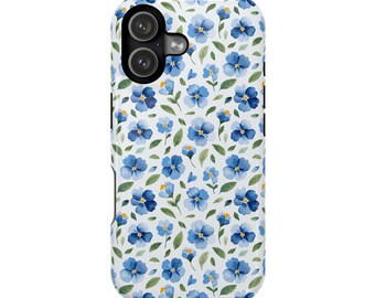Watercolor Blue Floral Phone Case, Flower iPhone Cover, MagSafe Compatible