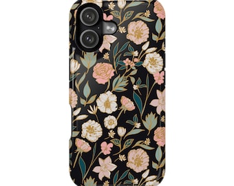 May include: Black phone case with a floral pattern. The design features pink, white, and gold flowers with green and teal leaves. The case has a glossy finish and a camera cutout.
