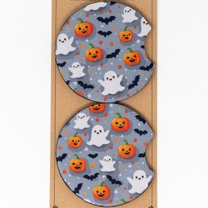 Car Coaster, Neoprene, Cute Halloween Ghosts, Jack-O-Lanterns, Bats, Stars, Set of 2 Car Coasters, Car Accessory, Cup Holder Coaster