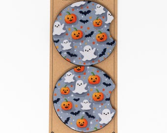 Car Coaster, Neoprene, Cute Halloween Ghosts, Jack-O-Lanterns, Bats, Stars, Set of 2 Car Coasters, Car Accessory, Cup Holder Coaster