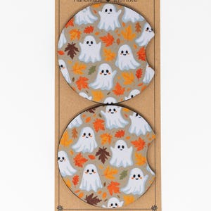 Car Coaster, Neoprene, Cute Ghosts and Fall Leaves, Set of 2 Car Coasters, Car Accessory, Cup Holder Coaster, Ready to Ship Fall Gift