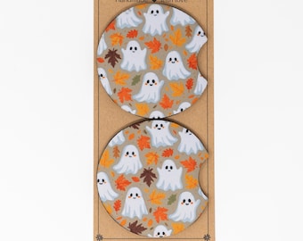 Car Coaster, Neoprene, Cute Ghosts and Fall Leaves, Set of 2 Car Coasters, Car Accessory, Cup Holder Coaster, Ready to Ship Fall Gift