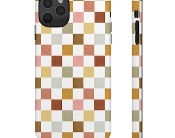 May include: A phone case with a colorful checkerboard pattern. The design features squares in shades of white, pink, brown, yellow, and green. The case is shown from the front and side, highlighting its protective design.